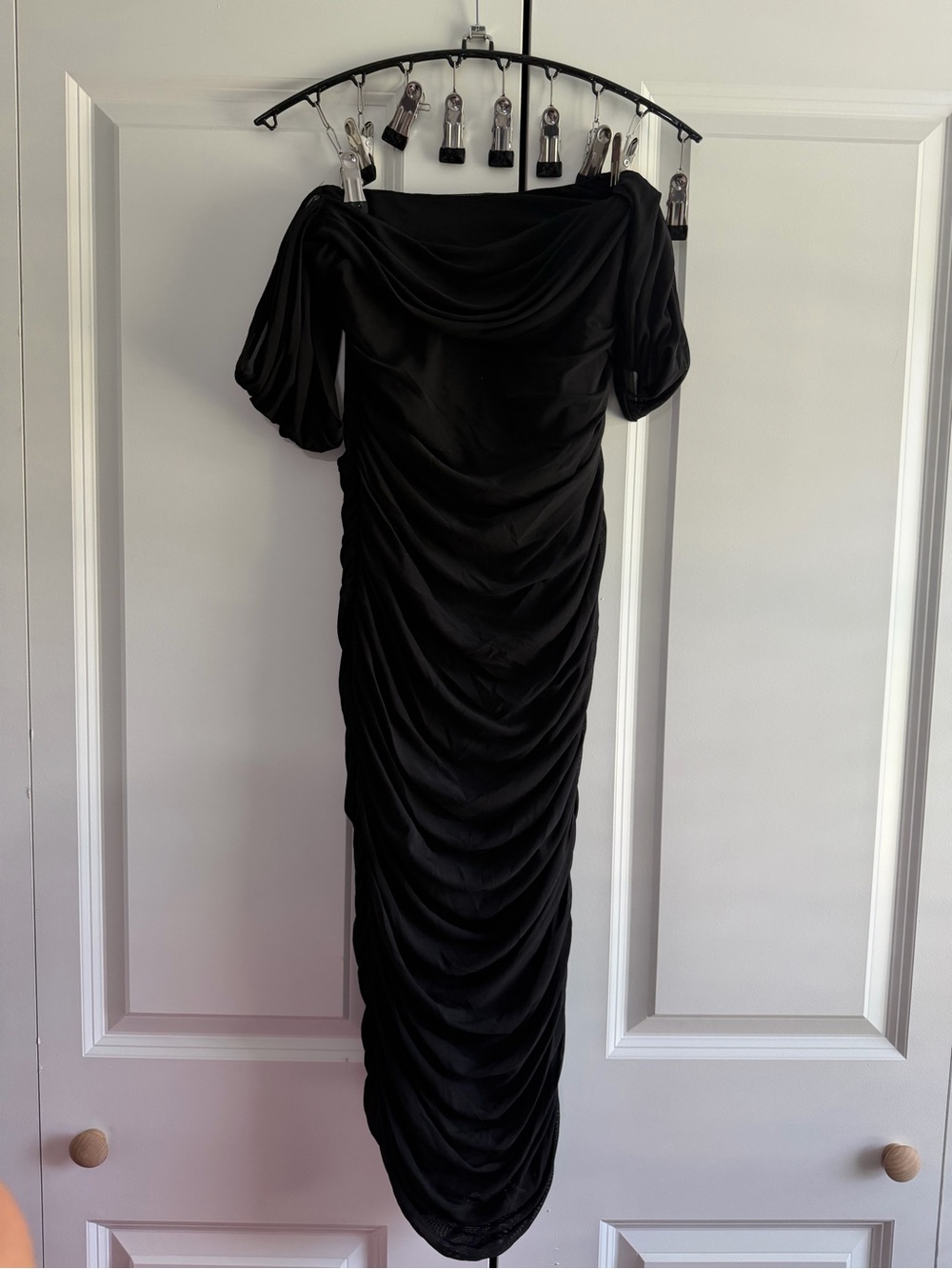 Black Ruched Off-Shoulder Dress - Picture 2 of 4